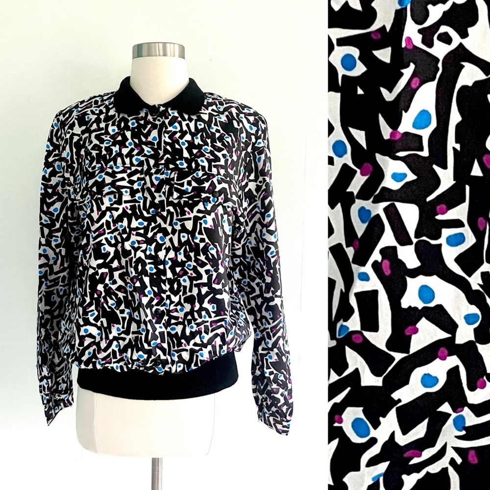 Vintage 80’s geometric abstract black white pop over top blouse shirt